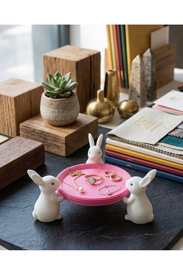 Decorative Mini Jewelry, Ring, and Keychain Tray with Rabbit Figure – Tabletop Organizer - Plastic