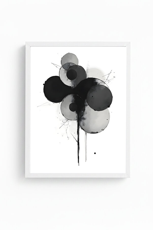 White Wooden Framed Abstract Geometric Pattern Painting - Black-White | Huhu1216