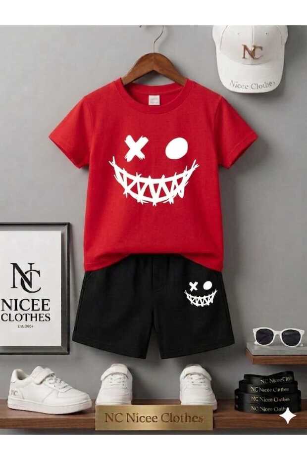 Summer Children's T-Shirt Shorts Unisex (White Smiling Man Print)