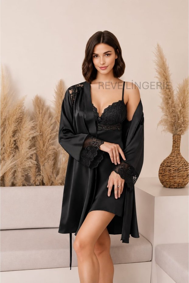 Nightgown and Dressing Gown with Lace, Stylish Bridal Set