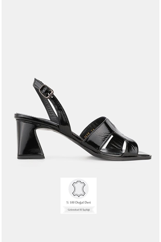 Women's Black Patent Leather Genuine Natural Leather Thick Heel Open Back Shoes, Size 35-41