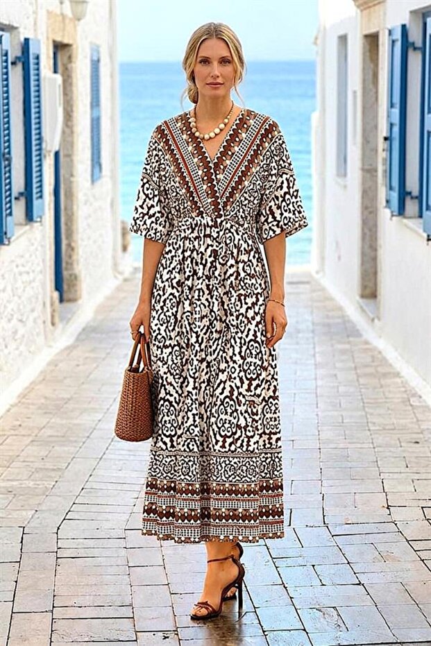 Brown Patterned Double-Breasted Dress - 2