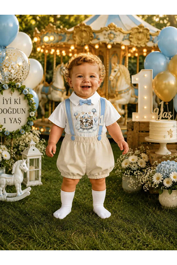 Carousel Concept Cream 1 Year Old Salopet Shirt Socks Bow Tie Set