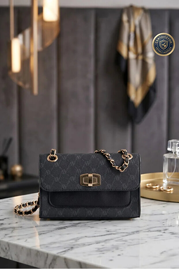 426 Chain Detail Black Dot Patterned Women's Crossbody Bag