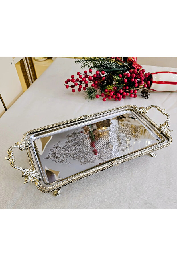 Cast Metal Frame Rectangular Tray with Handle 35*19 Silver