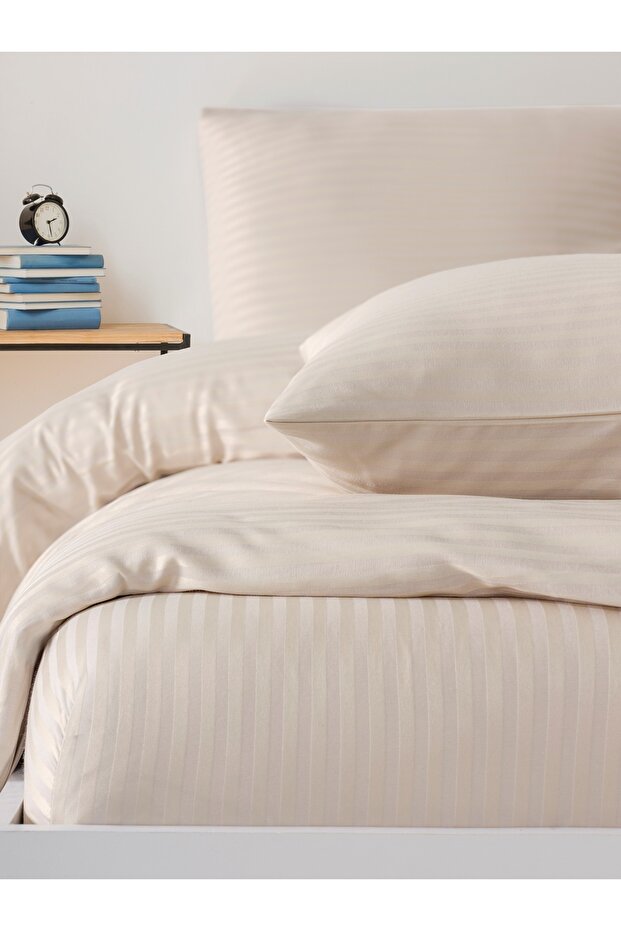 Cotton Satin Striped Elastic Sheet Double Duvet Cover Set