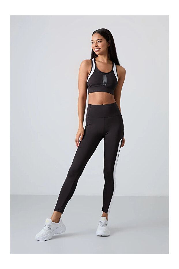 Black Polyester Flexible Standard Fit Women's Leggings Set 95332
