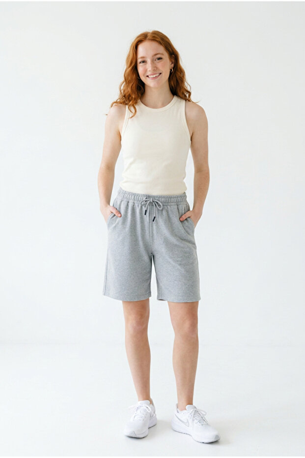 Women's Gray Cotton Oversize Comfortable Fit Bermuda Shorts with Pockets and Elastic Waist