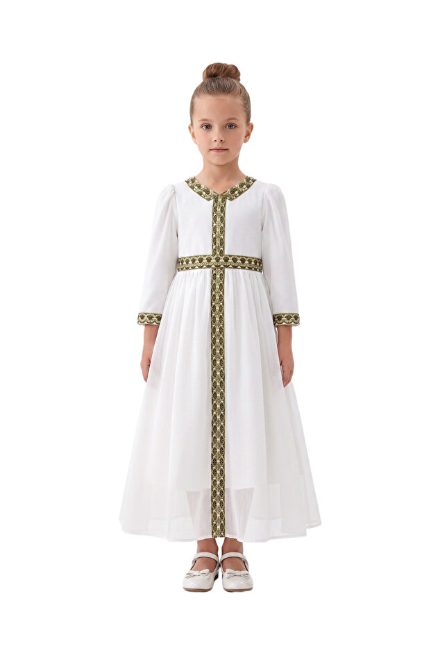 D'Daniela - Elegant Kaftan with Embroidered Empire Waist - White - 4Y to 7Y
