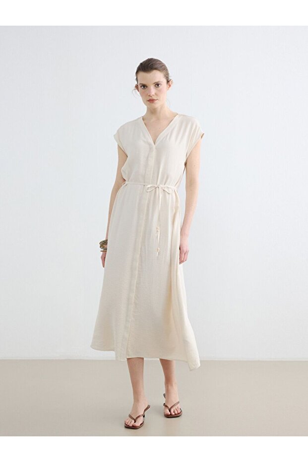 Lcw Everyday Ecru V-Neck Belted Textured Dress