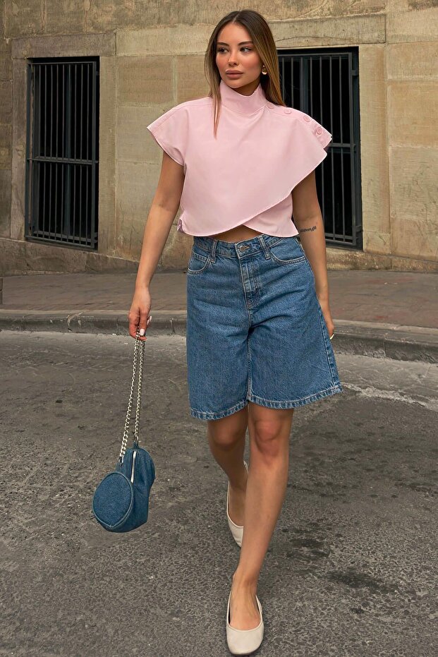 Pink Stand Collar Shoulder Button Detail Front Asymmetrical Cross Fold Women's Crop Blouse