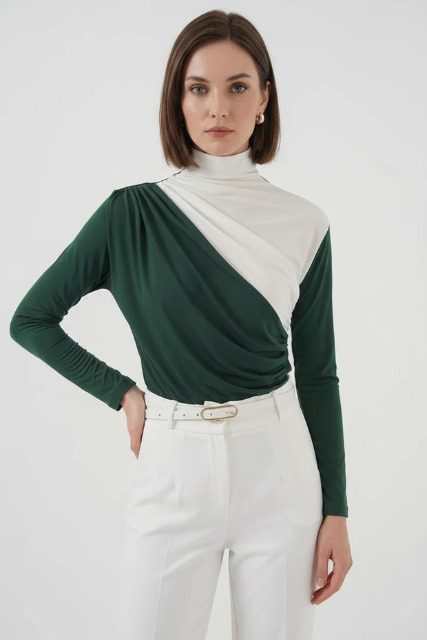 Women's Turtleneck Blouse with Drawstring Detail in Emerald Green