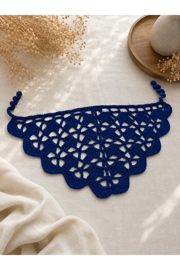 Navy Blue Hand-Knitted Lace Bandana – Bohemian Style Hair Band