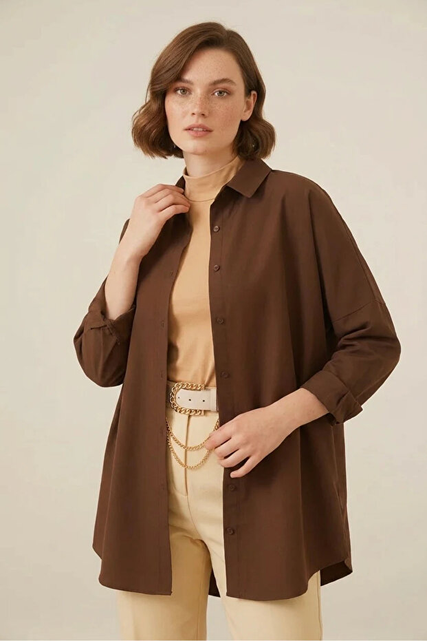 Women's Oversize Cut Basic Cotton Brown Hijab Shirt