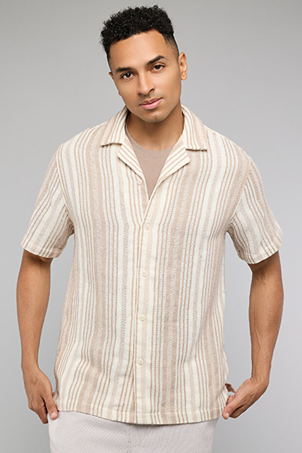 Striped Shirt with Revere Collar and Short Sleeves