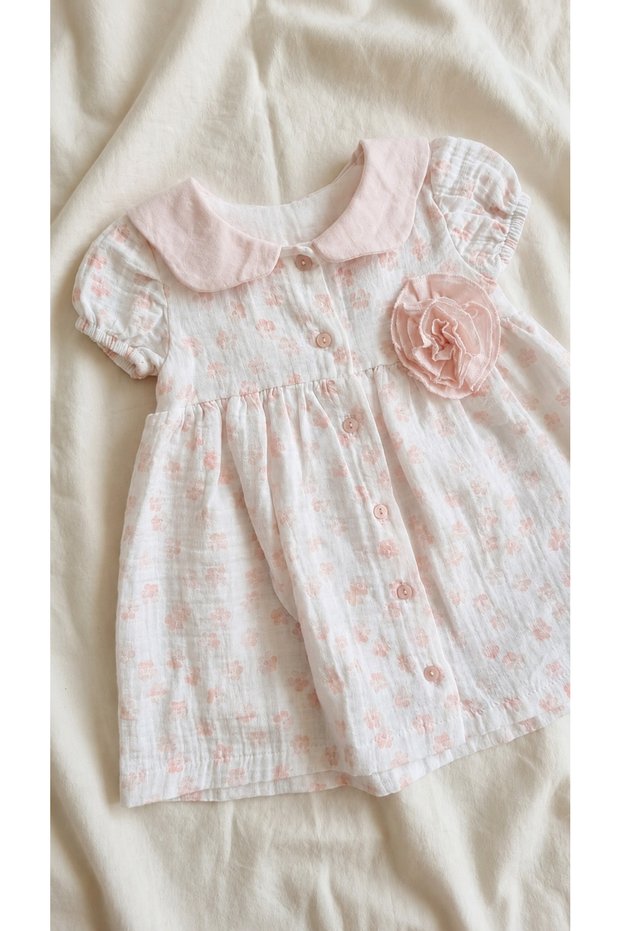 Baby Girl Muslin Fabric Floral Printed Doll Collar Summer Dress