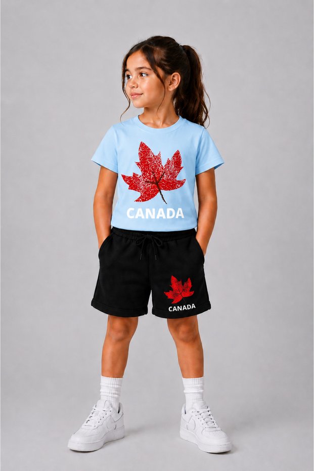 Girls' T-Shirt and Shorts Set 100% Cotton Summer Comfortable Fit Canada Printed Sports Casual Set (Shorts and T-Shirt Set)