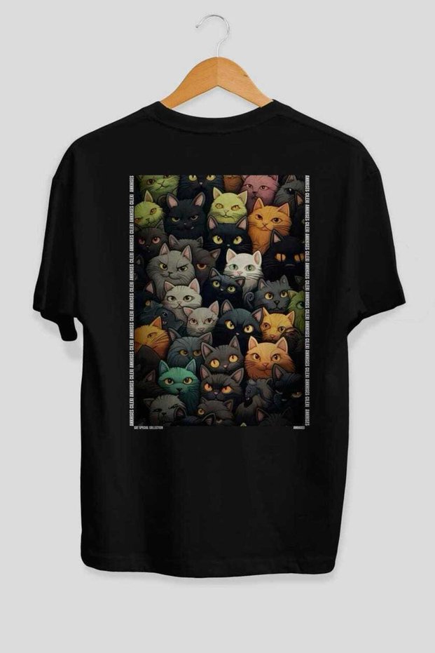For the Love of Cats 120 Cat Printed Black Oversize T-Shirt 100% Cotton Unisex Cat Lover Premium Design
