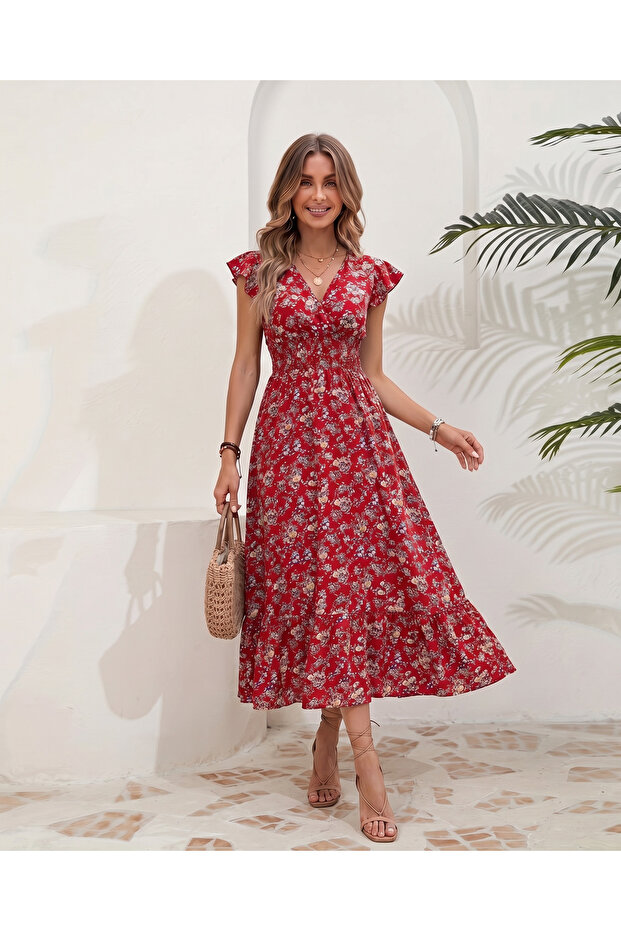 Women's Black Floral Patterned Double Breasted V-Neck Flounce Sleeve Long Dress