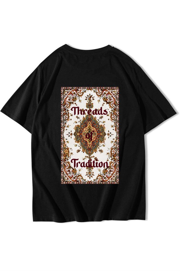 Unisex Oversize Threads of Tradition Vintage Carpet Motif T-Shirt (Black)
