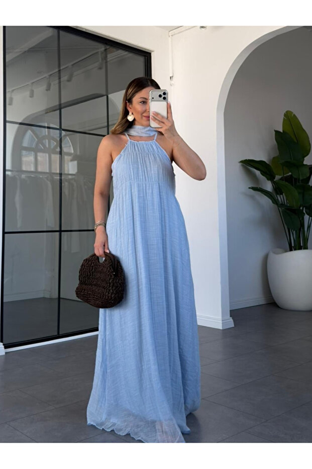 Baby Blue Shawl Strap Dress - 3428