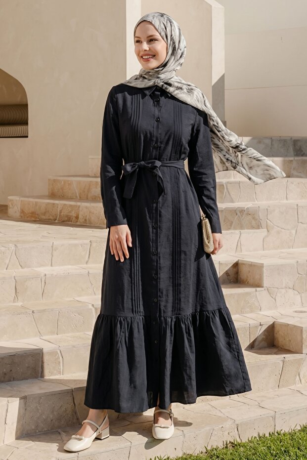 Shirt Collar Ribbed Black Dress