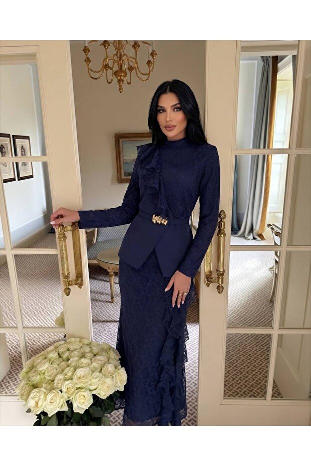 Women's Ruffle Detail Lace Model Skirt Jacket Double Set