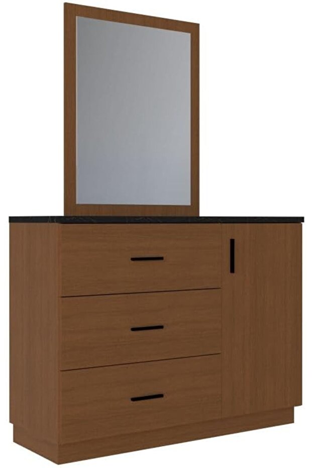 Pera Dresser with Mirror | Durable Vanity Table | Dressing Makeup DeskL120xW44.5xH181.5cm - Walnut/Black Marble