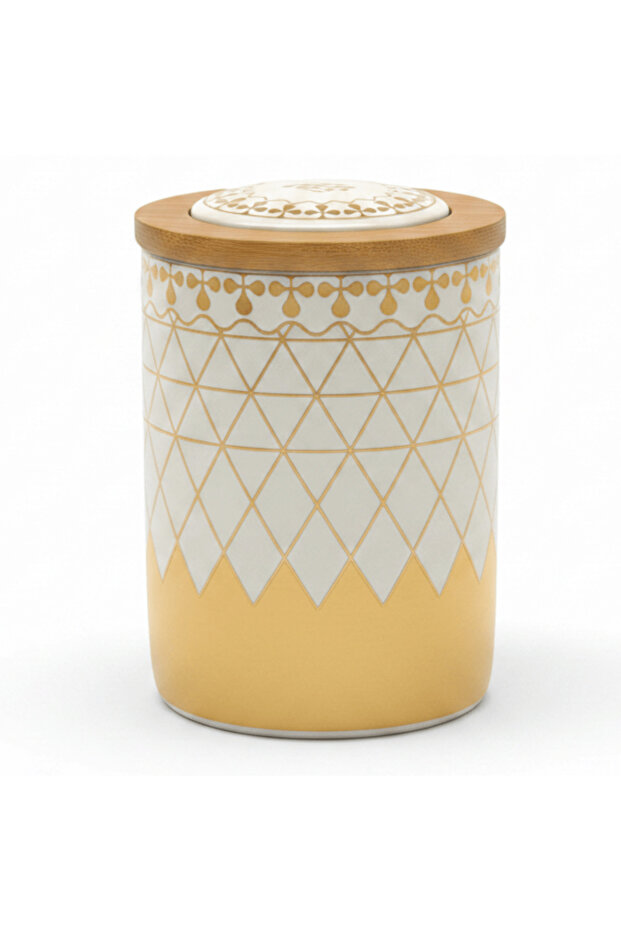 Cream & Gold Ceramic Canister with Wooden & Ceramic Lid | 15×10 cm