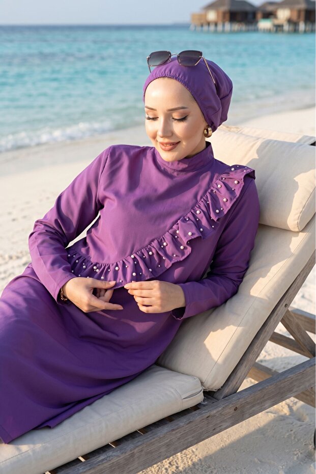 Pearl Ruffle Detailed Triple Hijab Swimsuit Purple