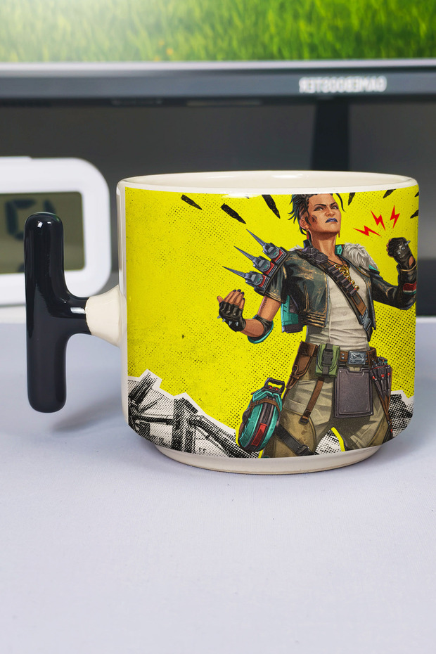 كوب سيراميك فاخر مطبوع عليه Apex Legends (قطعة واحدة) على شكل حرف T بمقبض أسود خاص V3T
