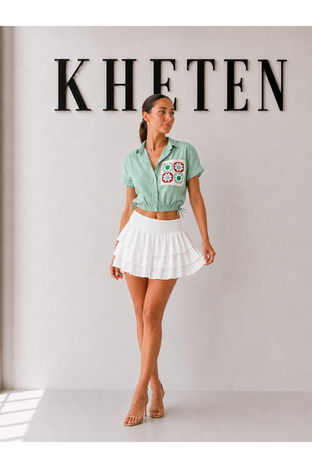 Fiora 100% Linen Gathered Women's Crop Shirt - Green Linen Shirt with Lace Motif
