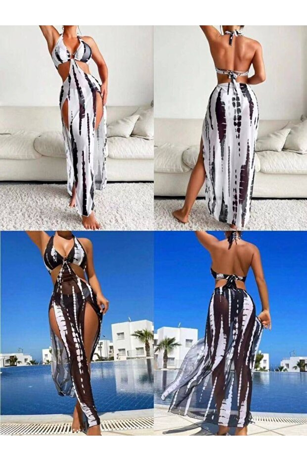 Women's 3-Piece White Patterned Pareo Set – Tulle Pareo + Top Bikini + Bottom Bikini