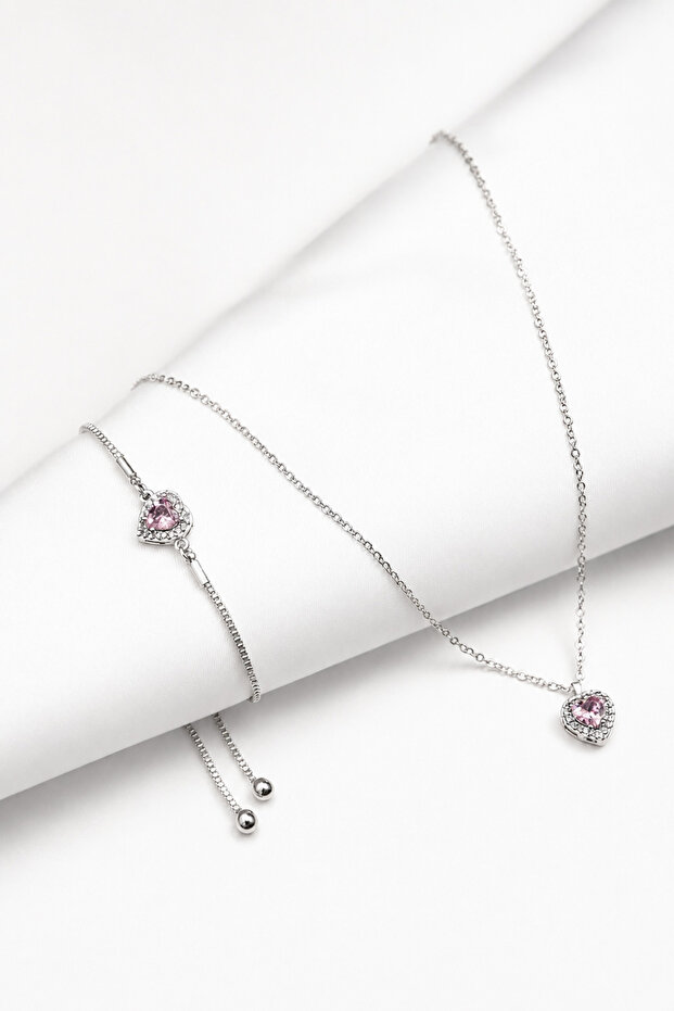 Silver Color Heart Charm Zircon Stone Necklace and Bracelet Set
