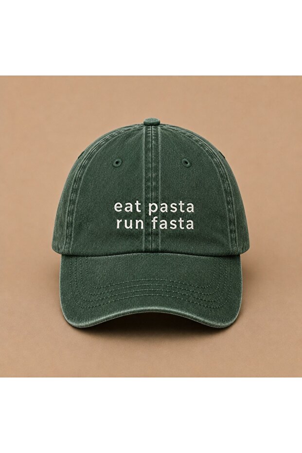 قبعة قابلة للغسل بتصميم عتيق مكتوب عليها Eat Pasta Run Fasta