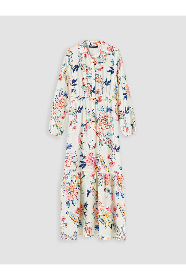 Nevavm Shirt Collar Patterned Waist-Sitting Dress with a Difference