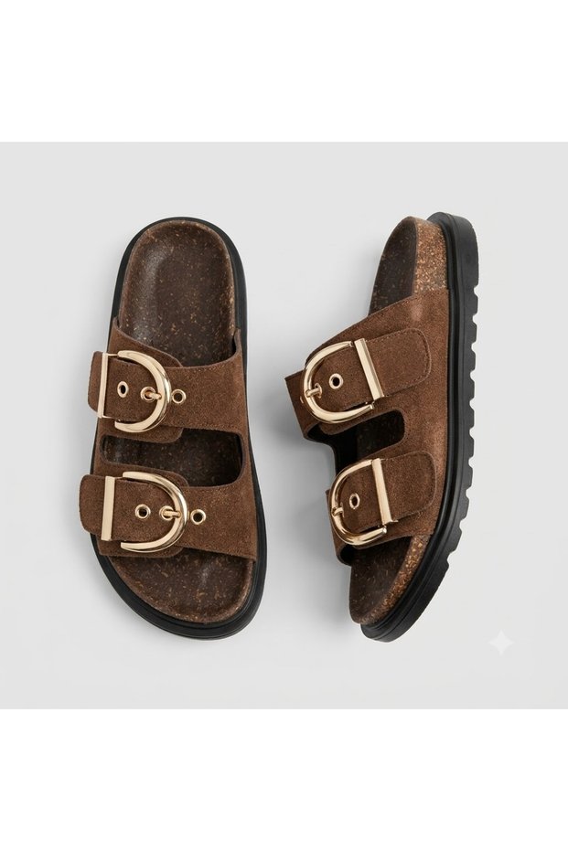 (Bianca) Thermo Non-Slip Sole Double Buckle Daily Women's Slippers Brown