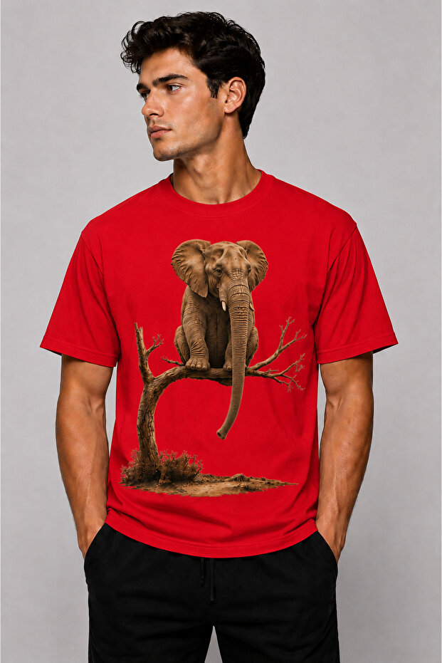 Men's Oversize T-Shirt Sitting Elephant Printed 100% Cotton T-Shirt Comfortable Fit
