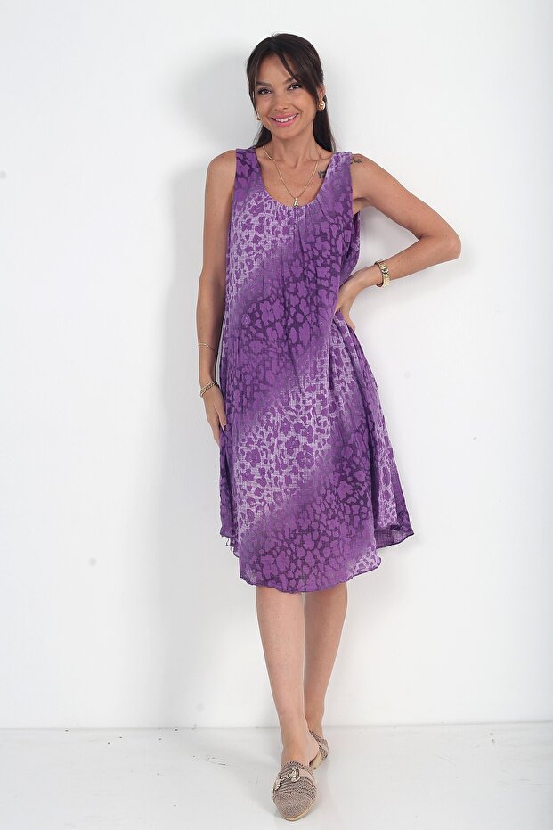 Women's Italian Cotton Collar Elastic Lined Leopard Zero Sleeve Midi Dress