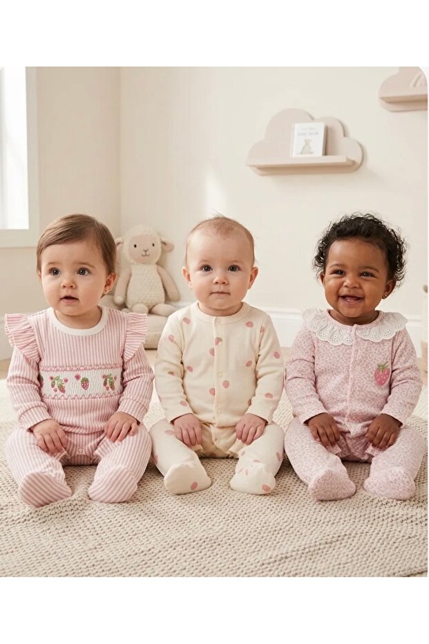 Baby Girl Pastel Strawberry Patterned 3-Piece Jumpsuit Set