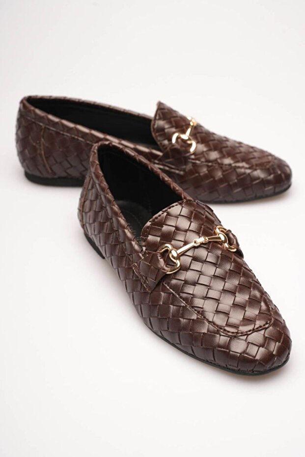 Women's Bitter Brown Knitted Patterned Buckle Casual Comfortable Loafer Shoes Tr23Ms09C