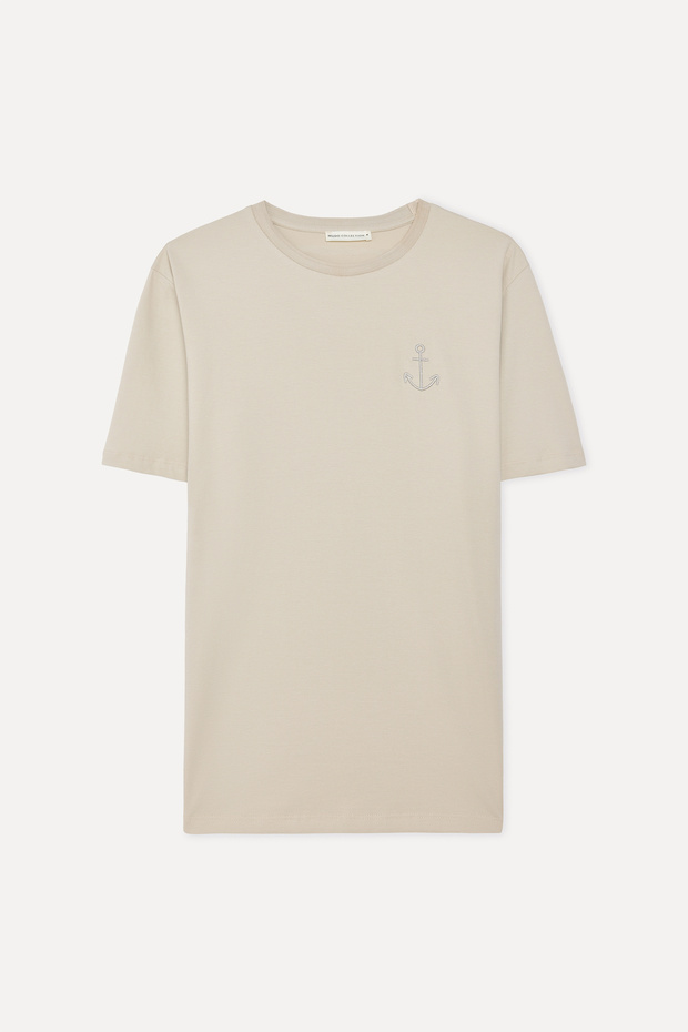 Men's Stone Color Embroidered Crew Neck T-Shirt
