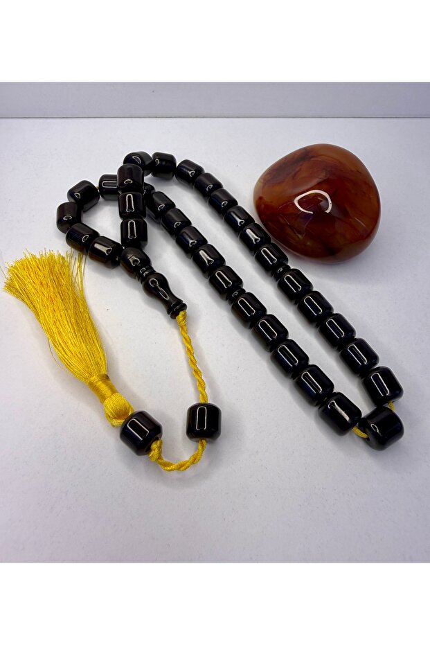 13/13.3 Large Size Almarey Usta Simsiyah Rod-Like Black Rod-Crimped Amber Prayer Beads