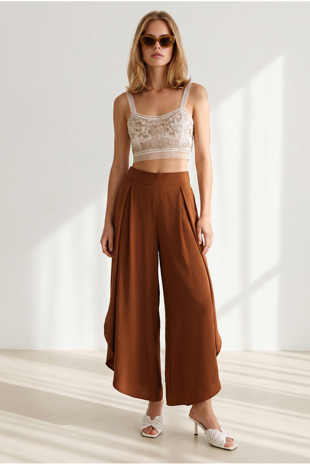 Women's Tile Pleated Flared Palazzo Trousers with Detailed Cuffs Pnt-19000415