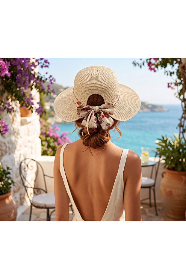 Bow-Detalied Straw Hat with Wide Brim (Beach) & Suitable for Daily Use