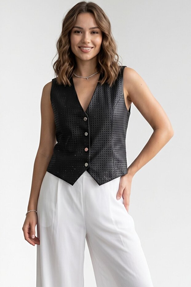 Black Stone Look Satin Vest - 21916
