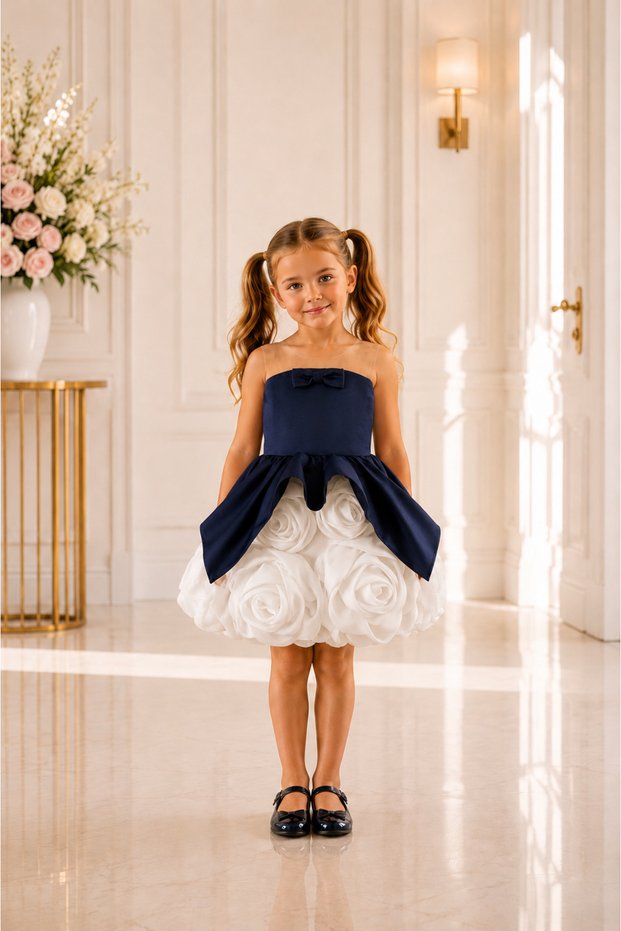 Shedress Navy Blue White Rose Embossed Girls' Dress - Princess Ball Gown with Peplum Detail and Bow