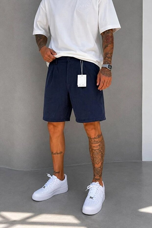 Men's Navy Blue Pleated Comfortable Fit Summer Modal Shorts Ke-2100
