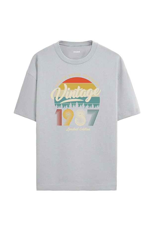 1987 Nostalgia Oversized T-Shirt - Retro Sunset Pine Tree Design