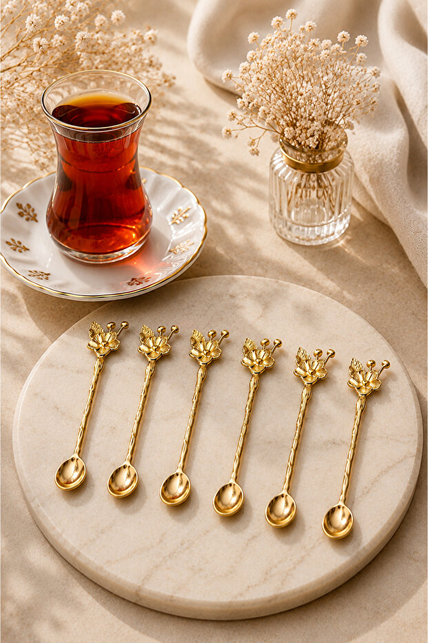 Gold Plated Japanese Rose 6-Piece Teaspoon Set Stylish Presentation Spoon